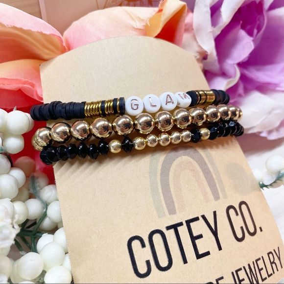 3 for $10 🛍️ Cotey Co. Handmade Stackable Bead Bracelets - Gold B&W “Glam” - Picture 4 of 4